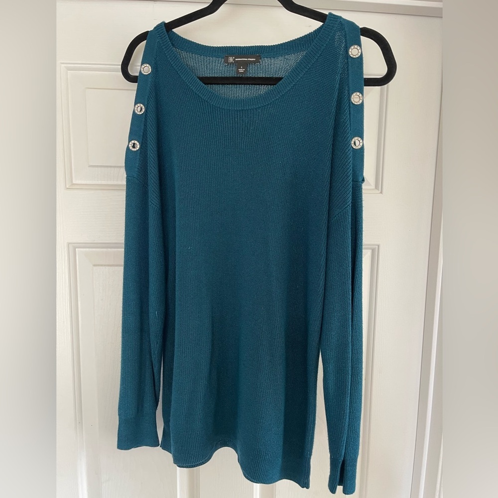 INC Teal Long Sleeve Cold Shoulder Sweater with Rhinestone Button Detail